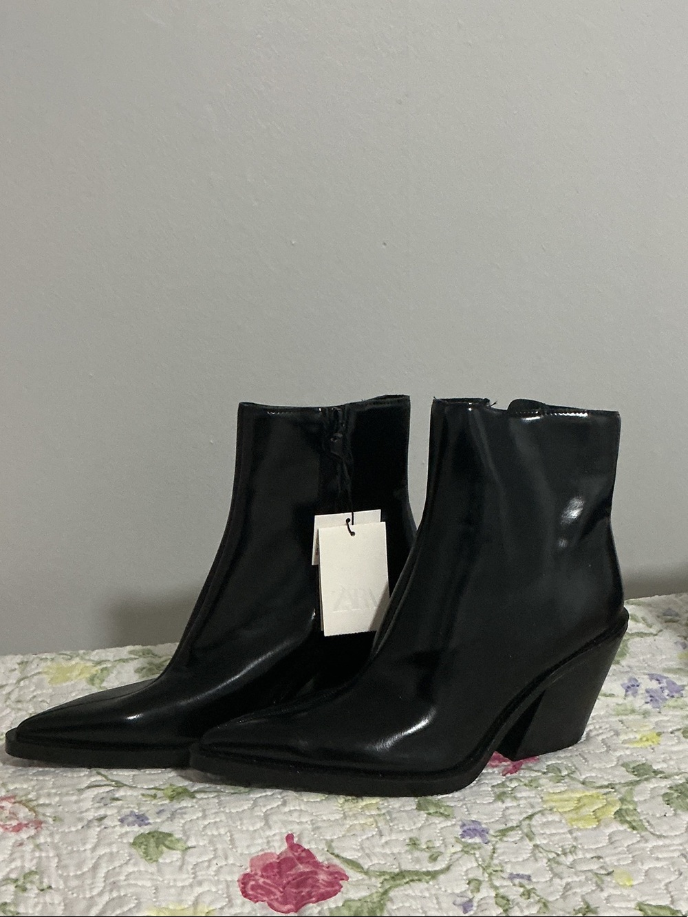 Zara Black Patent Pointed Ankle Boots